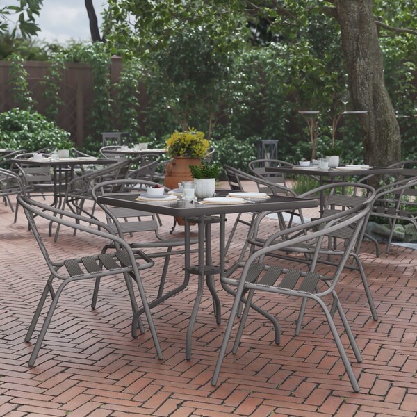 Flash Furniture Lila 31.5in Square Glass Top Metal Table with 4 Silver Aluminum Slat Stack Chairs TLH-0732SQ-017CSV4-GG - main
